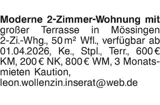 Wohnung mieten in 72116 Mössingen, Moderne 2-Zimmer-Wohnung mit großer Terrasse in Mössingen