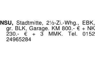 Wohnung mieten in 74172 Neckarsulm, NSU, Stadtmitte, 2 1/2-Zi.-Whg., EBK, gr. BLK, Garage. KM 800.-