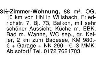 Wohnung mieten in 74182 Obersulm, 3 1/2-Zimmer-Wohnung, 88 m². OG, 10 km von HN in Willsbach, Frie