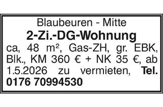 Wohnung mieten in 89143 Blaubeuren, 2 Zi Wohnung