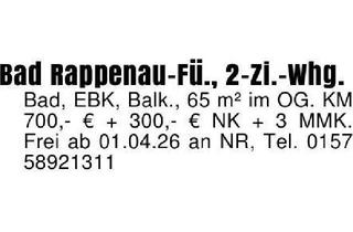 Wohnung mieten in 74906 Bad Rappenau, Bad Rappenau-Fü., 2-Zi.-Whg.Bad, EBK, Balk., 65 m² im OG. KM 700