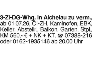 Wohnung mieten in 72539 Pfronstetten, 3-Zi.-DG-Wohnung in Aichelau