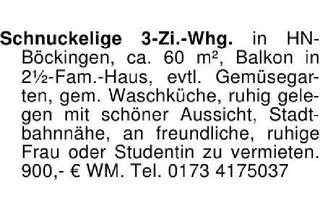 Wohnung mieten in 74080 Heilbronn, Schnucklinge 3-Zi.-Whg. in HN -Böckingen, ca. 60 m², Balkon in 2