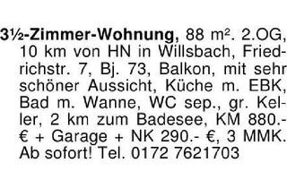 Wohnung mieten in 74182 Obersulm, 3 1/2-Zimmer-Wohnung, 88 m². OG, 10 km von HN in Willsbach, Frie