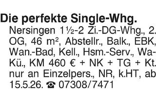 Wohnung mieten in 89278 Nersingen, Perfekte Single-Whg.