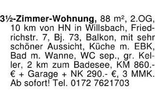 Wohnung mieten in 74182 Obersulm, 3 1/2-Zimmer-Wohnung, 88 m². OG, 10 km von HN in Willsbach, Frie