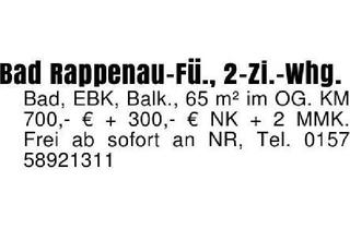Wohnung mieten in 74906 Bad Rappenau, Bad Rappenau-Fü., 2-Zi.-Whg.Bad, EBK, Balk., 65 m² im OG. KM 700