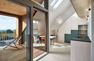 Wohnung kaufen in Hülenbergstraße 60, 72622 Nürtingen, Exklusive Dachgeschoss Neubauwohnung (2Zi/59m2) mit Balkon im stufenlos-modernen KfW40 Klimaholzhaus
