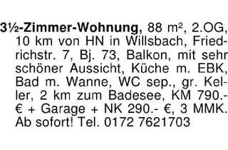 Wohnung mieten in 74182 Obersulm, 3 1/2-Zimmer-Wohnung, 88 m². OG, 10 km von HN in Willsbach, Frie