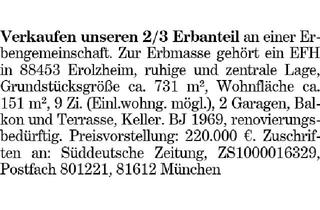 Immobilie kaufen in 88453 Erolzheim, Verkaufen unseren 2/3 Erbanteil an einer Erbengemeinschaft