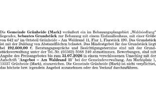 Grundstück zu kaufen in 15537 Grünheide, Die Gemeinde Grünheide (Mark) veräußert ein im Bebauungsplangebiet „Waldsiedlung“ liegendes, bebautes Grundstück