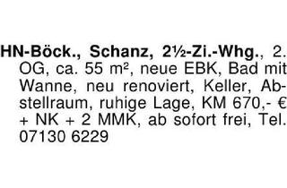 Wohnung mieten in 74182 Obersulm, HN-Böck., Schanz, 2 1/2-Zi.-Whg. 2. OG, ca. 55 m², neue EBK, Bad