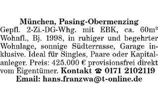 Wohnung kaufen in Tal, 81369 München, München, Pasing-Obermenzing Gepfl. 2-Zi.-DG-Whg. mit EBK