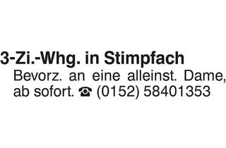 Wohnung mieten in 74597 Stimpfach, 3-Zi.Whg in Stimfach mit Bereitschaft zur Betreuungshilfe