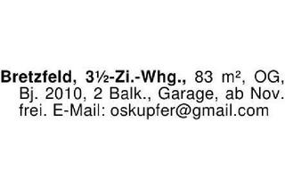 Wohnung mieten in 74626 Bretzfeld, Bretzfeld, 3 1/2-Zi.-Whg., 83 m², OG, Bj. 2010, 2 Balk., Garage,
