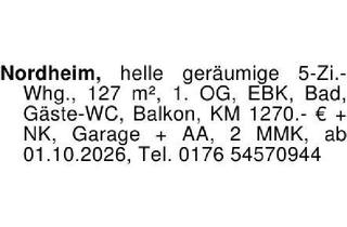 Wohnung mieten in 74226 Nordheim, Nordheim, helle geräumige 5-Zi.-Whg., 127 m², 1. OG, EBK, Bad, G