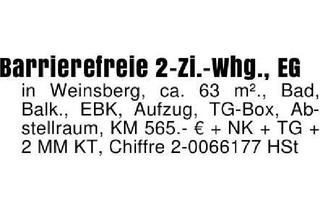Wohnung mieten in 74189 Weinsberg, Barrierefreie 2-Zi.-Whg., EGin Weinsberg, ca. 63 m²., Bad, Balk.