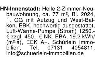 Wohnung mieten in 74072 Heilbronn, HN-Innenstadt: Helle 2-Zimmer-Neubauwohnung, ca. 77 m², Bj. 2024