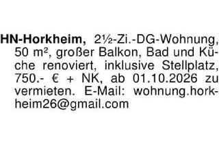 Wohnung mieten in 74080 Heilbronn, HN-Horkheim, 2 1/2-Zi.-DG-Wohnung, 50 m², großer Balkon, Bad und