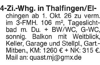 Wohnung mieten in 89275 Thalfingen, 4-Zimmer-Wohnung mit Balkon in Thalfingen/Elchingen