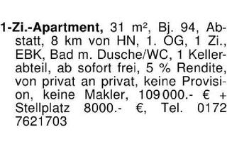 Wohnung kaufen in 74232 Abstatt, 1-Zi.-Apartment, 31 m², Bj. 94, Abstatt, 8 km von HN, 1. OG, 1 Z