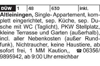 Wohnung mieten in 67317 Altleiningen, Single- Appartement, komplett eingerichtet, sep. Küche, sep. Dusche mit...