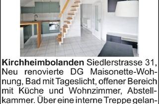 Wohnung mieten in 67292 Kirchheimbolanden, Neu renovierte DG Maisonette-Wohnung, Bad mit Tageslicht, offener Bereich...