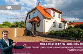 Einfamilienhaus kaufen in 04523 Elstertrebnitz, Provisionsfrei für Käufer: Familienhaus mit Traumgarten, Teich, Balkon & Garagen bei Leipzig