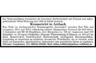 Gastronomiebetrieb mieten in 83646 Wackersberg, Dorfwirtschaft 83646 Arzbach Neuverpachtung