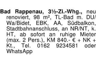 Wohnung mieten in 74906 Bad Rappenau, Bad Rappenau, 3 1/2-Zi.-Whg., neu renoviert, 98 m², TL-Bad m. DU