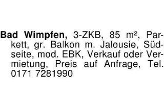 Immobilie kaufen in 74206 Bad Wimpfen, Bad Wimpfen, 3-ZKB, 85 m², Parkett, gr. Balkon m. Jalousie, Süds