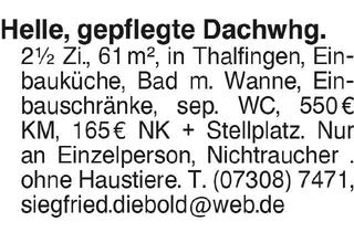Wohnung mieten in 89275 Thalfingen, Helle, gepflegte Dachwhg.